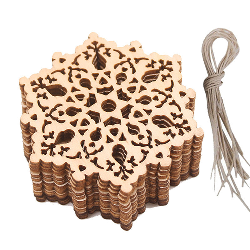 HKM-685907 Hollow Out Snowflake Wood Pendant for Christmas Tree Decoration - Set of 10 with Ropes