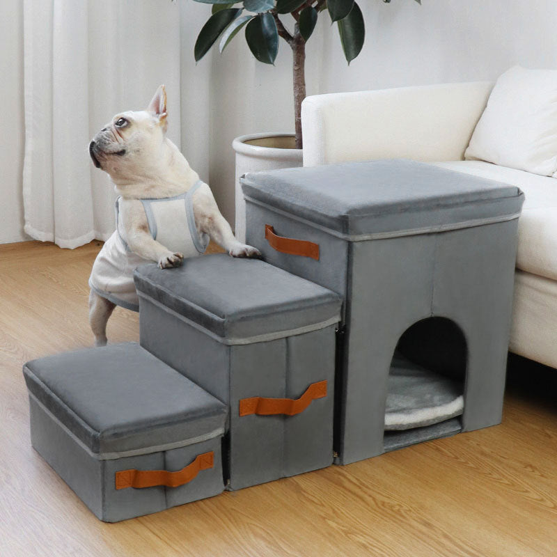 HKM-686291 Foldable Gray Pet Storage Stairs for Dogs - 2-Step or 3-Step Options