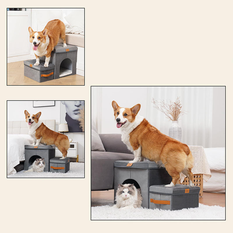 HKM-686291 Foldable Gray Pet Storage Stairs for Dogs - 2-Step or 3-Step Options