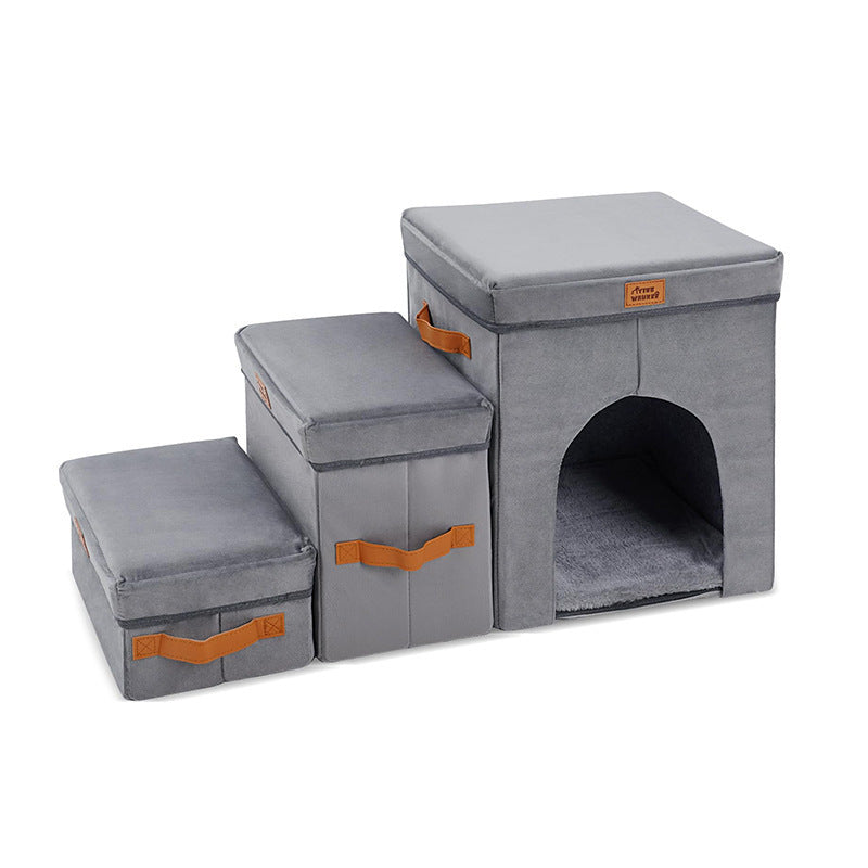 HKM-686291 Foldable Gray Pet Storage Stairs for Dogs - 2-Step or 3-Step Options