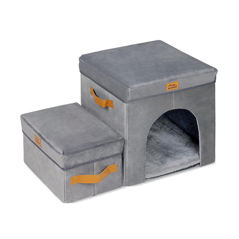 HKM-686291 Foldable Gray Pet Storage Stairs for Dogs - 2-Step or 3-Step Options