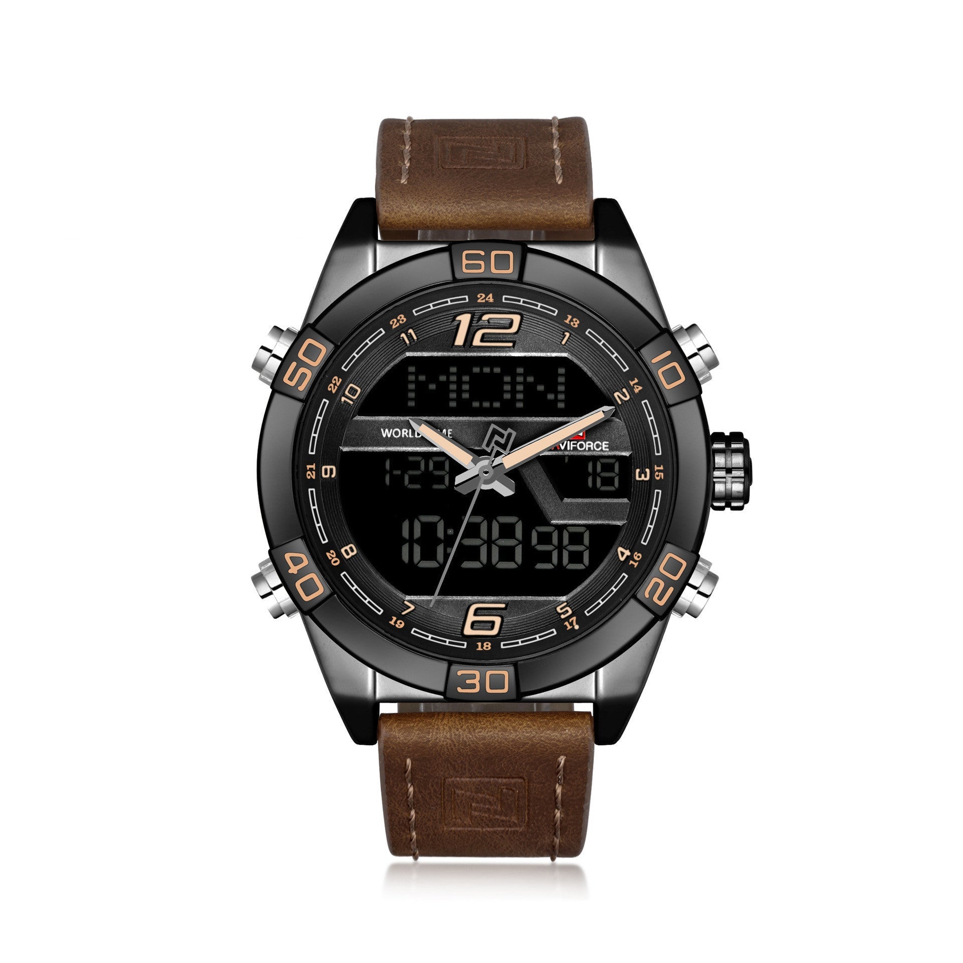HKM-686291 Men's Waterproof LED Electronic Quartz Watch with Leather Strap and Alloy Case