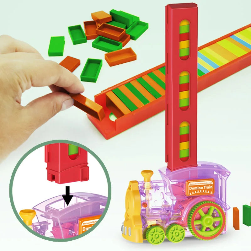 HKM-686355 Automatic Domino Stacking Train Set for Kids, Light-Up Launching Blocks, Ages 2-4