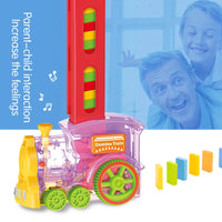 HKM-686355 Automatic Domino Stacking Train Set for Kids, Light-Up Launching Blocks, Ages 2-4
