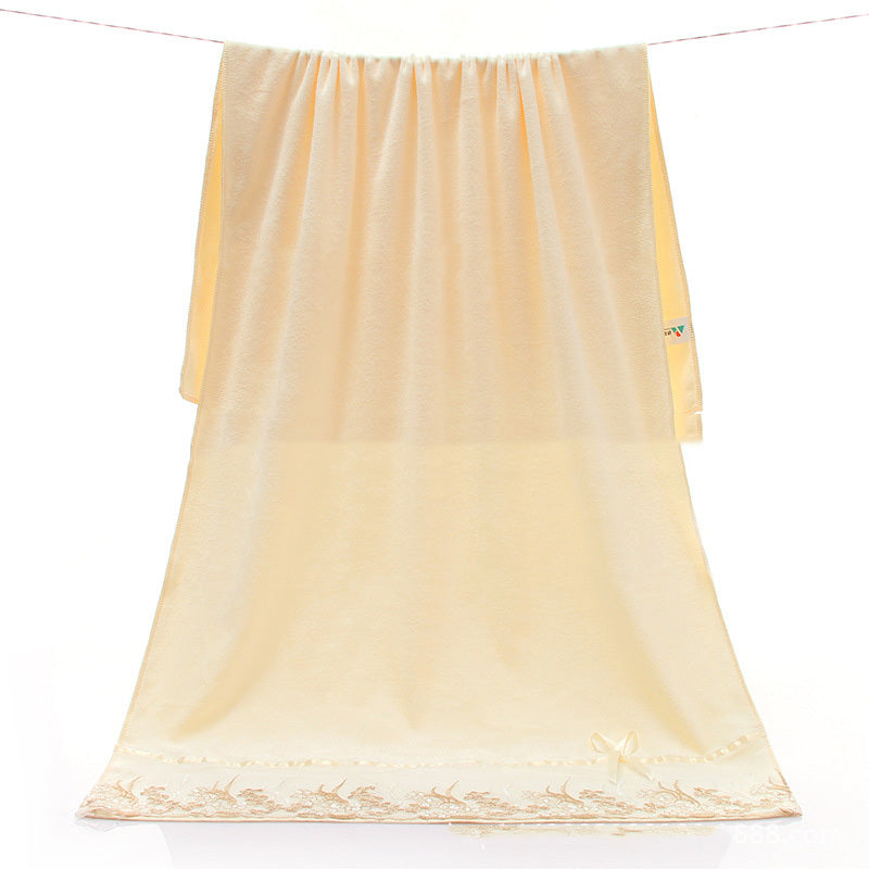 HKM-687507 Lace Edge Bath Towel Set in Microfiber - Yellow & Beige, 70x140 cm