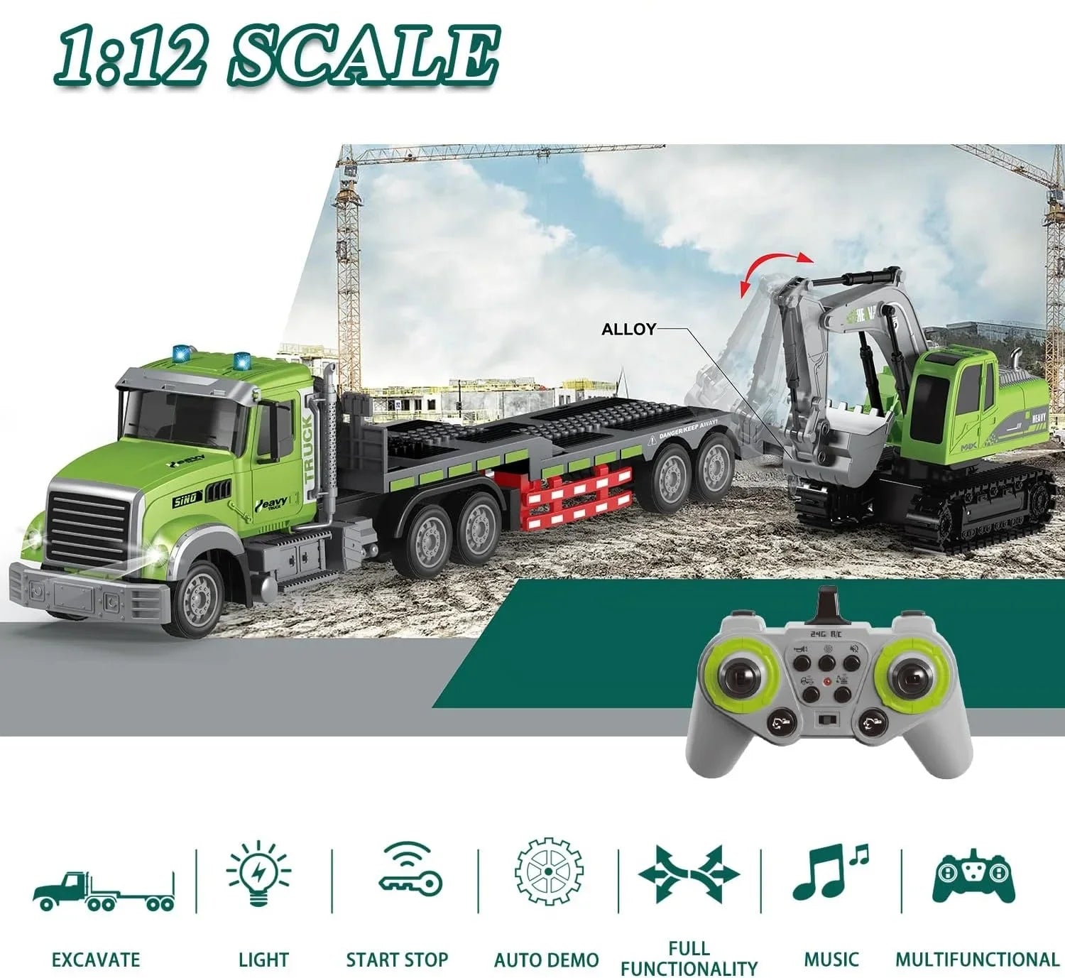 HKM-687891 Dual Control 11CH RC Semi-Trailer Truck & Excavator Toy Set - 1:12 Scale, 2.4GHz, Ready-to-Go