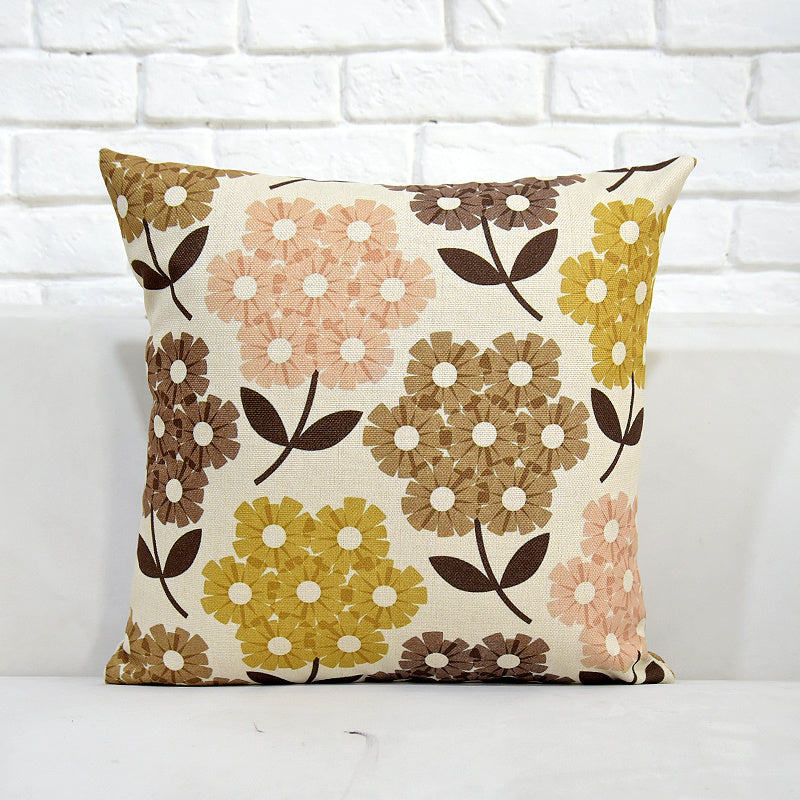 HKM-687891 Square Cotton and Linen Pillow with Vintage Flower and Bird Design, Double-Sided Pattern