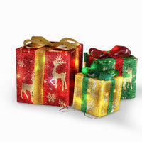 HKM-688211 Set of 3 Christmas Lighted Gift Boxes with 50 LED Lights, Waterproof, Battery Powered, Remote Control, 8 Lighting Modes for Indoor and Outdoor Decor