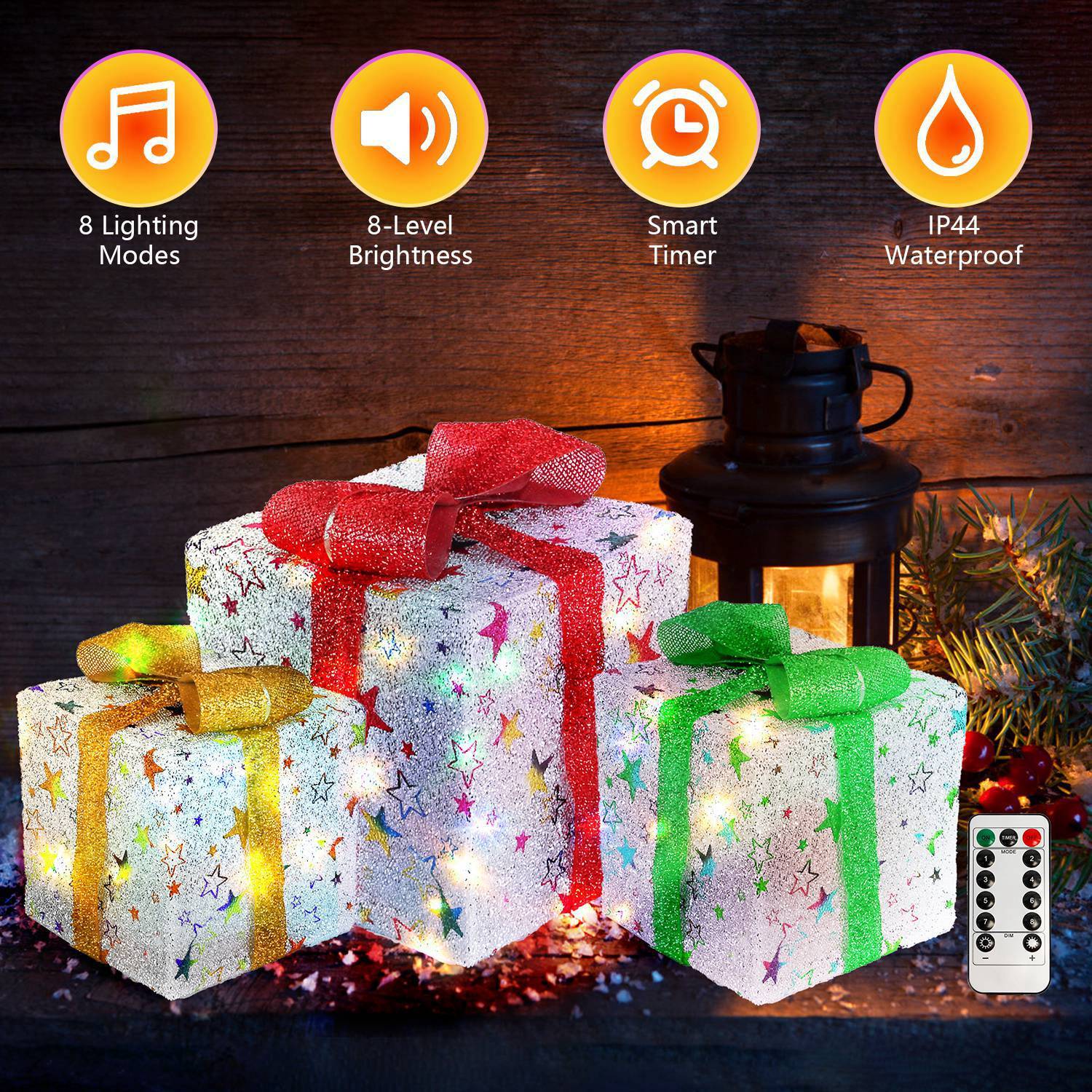HKM-688211 Set of 3 Christmas Lighted Gift Boxes with 50 LED Lights, Waterproof, Battery Powered, Remote Control, 8 Lighting Modes for Indoor and Outdoor Decor