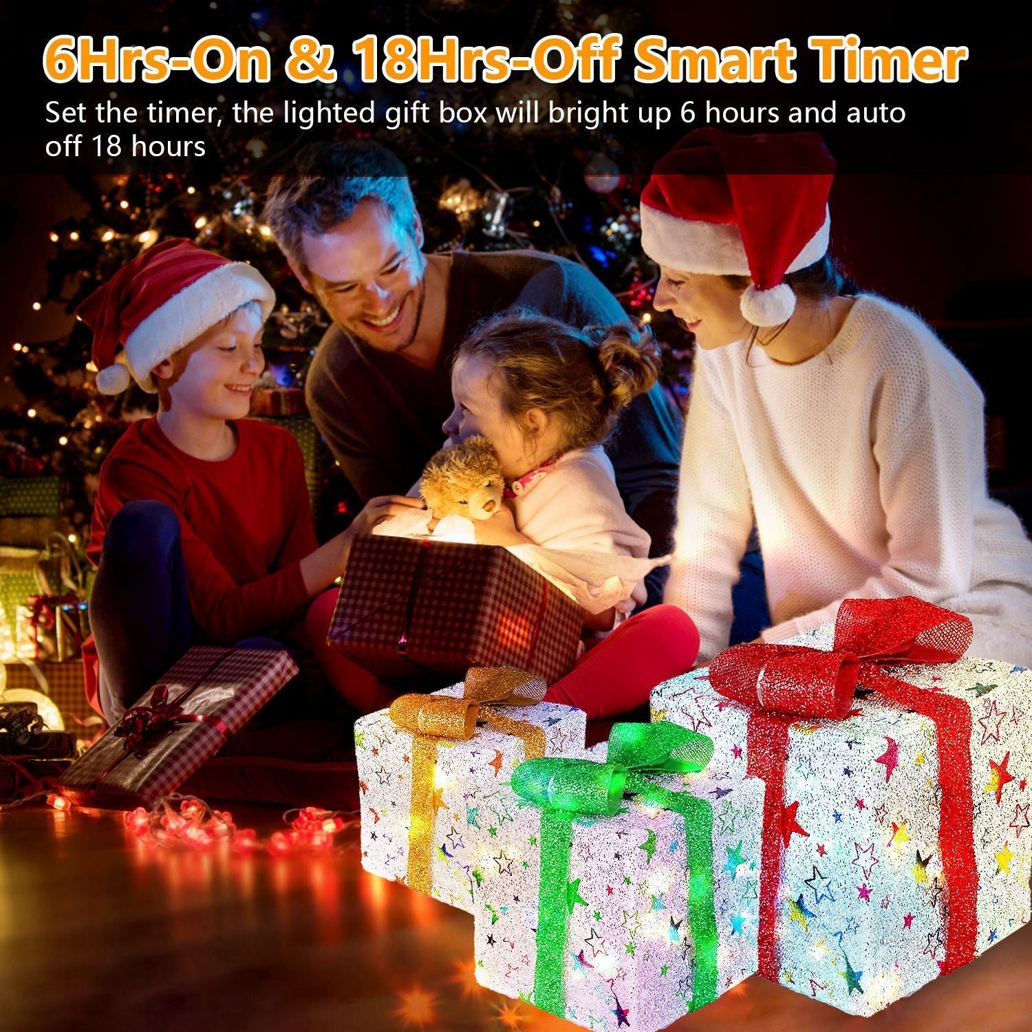 HKM-688211 Set of 3 Christmas Lighted Gift Boxes with 50 LED Lights, Waterproof, Battery Powered, Remote Control, 8 Lighting Modes for Indoor and Outdoor Decor