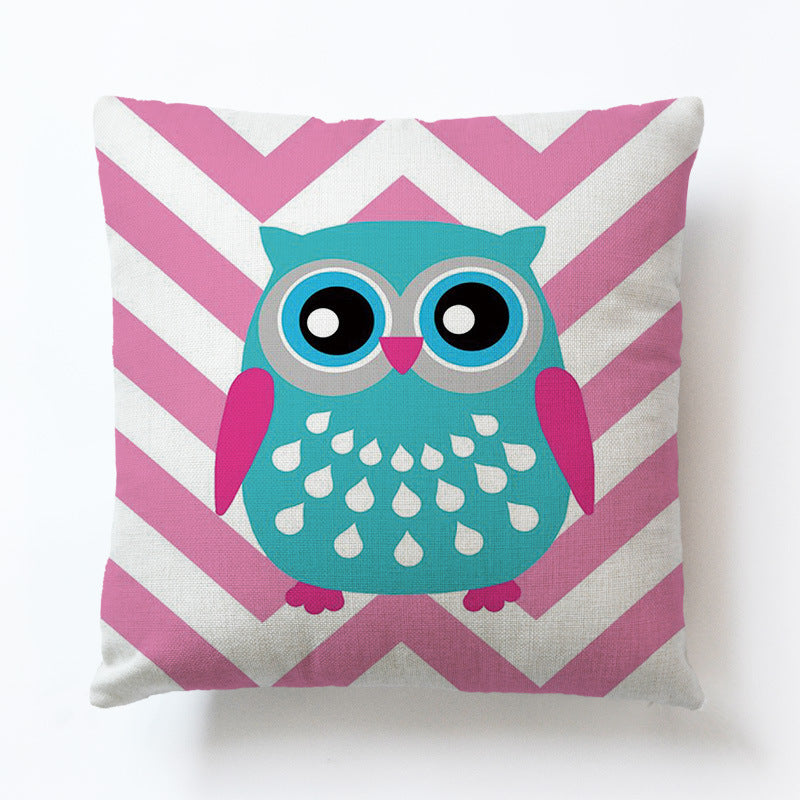 HKM-688467 Cute Cartoon Owl Geometric Linen Sofa Pillowcase – 45x45cm, PP Cotton Filling