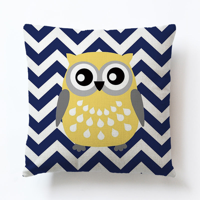 HKM-688467 Cute Cartoon Owl Geometric Linen Sofa Pillowcase – 45x45cm, PP Cotton Filling