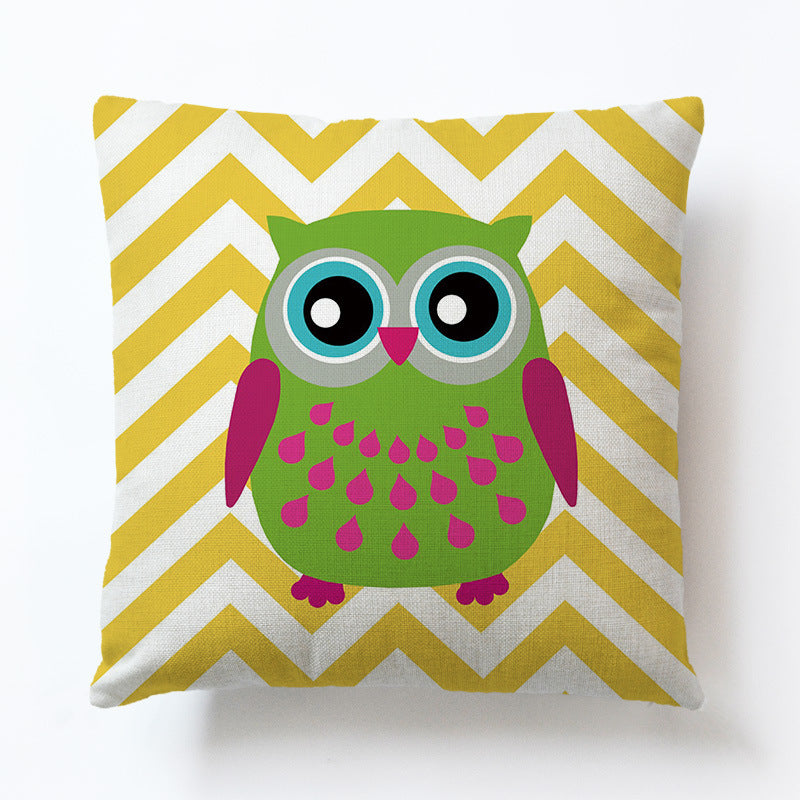 HKM-688467 Cute Cartoon Owl Geometric Linen Sofa Pillowcase – 45x45cm, PP Cotton Filling