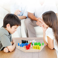 HKM-688659 Wooden Hexagon Star Checkers Game Set for Family Fun - Educational Table Game for Kids and Adults, 6 Colors
