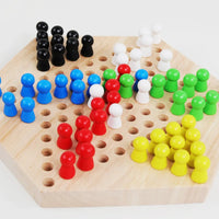 HKM-688659 Wooden Hexagon Star Checkers Game Set for Family Fun - Educational Table Game for Kids and Adults, 6 Colors