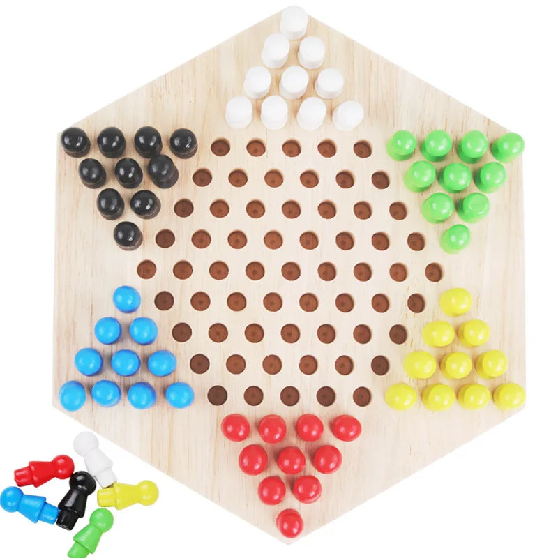 HKM-688659 Wooden Hexagon Star Checkers Game Set for Family Fun - Educational Table Game for Kids and Adults, 6 Colors