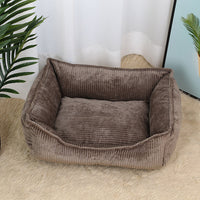 HKM-688723 Four Seasons Teddy Bear Cat Nest - Soft Corduroy Pet Bed in Black and Khaki, Sizes S, M, L