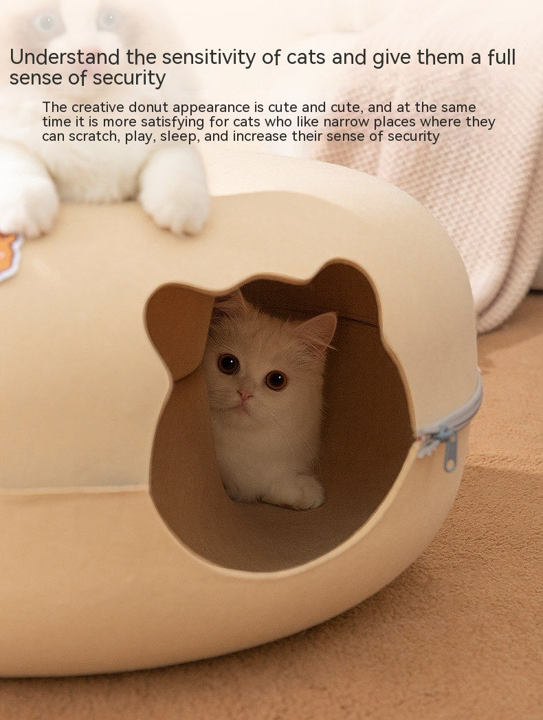 HKM-689235 Animal-Shaped Felt Cat Nest - Cozy Pet Bed for Cats in Brown Bear Design