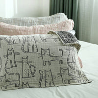 HKM-689235 Cotton Gauze Pillow Cases with Cartoon Cat Design in Various Colors and Sets