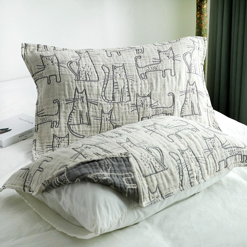 HKM-689235 Cotton Gauze Pillow Cases with Cartoon Cat Design in Various Colors and Sets