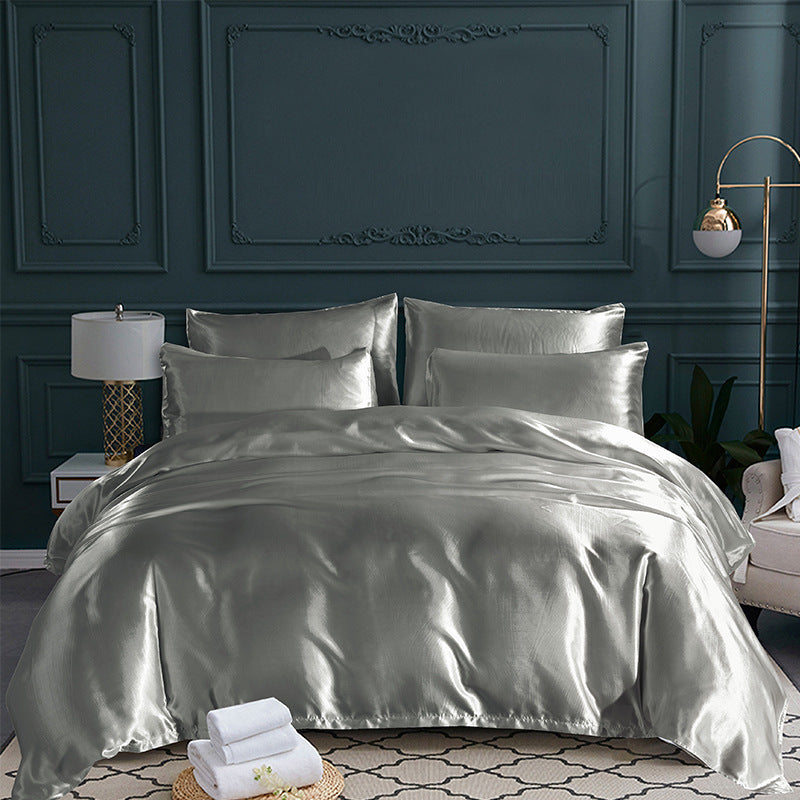 HKM-689235 Satin Three-Piece Quilt Cover and Pillowcase Set in Solid Colors