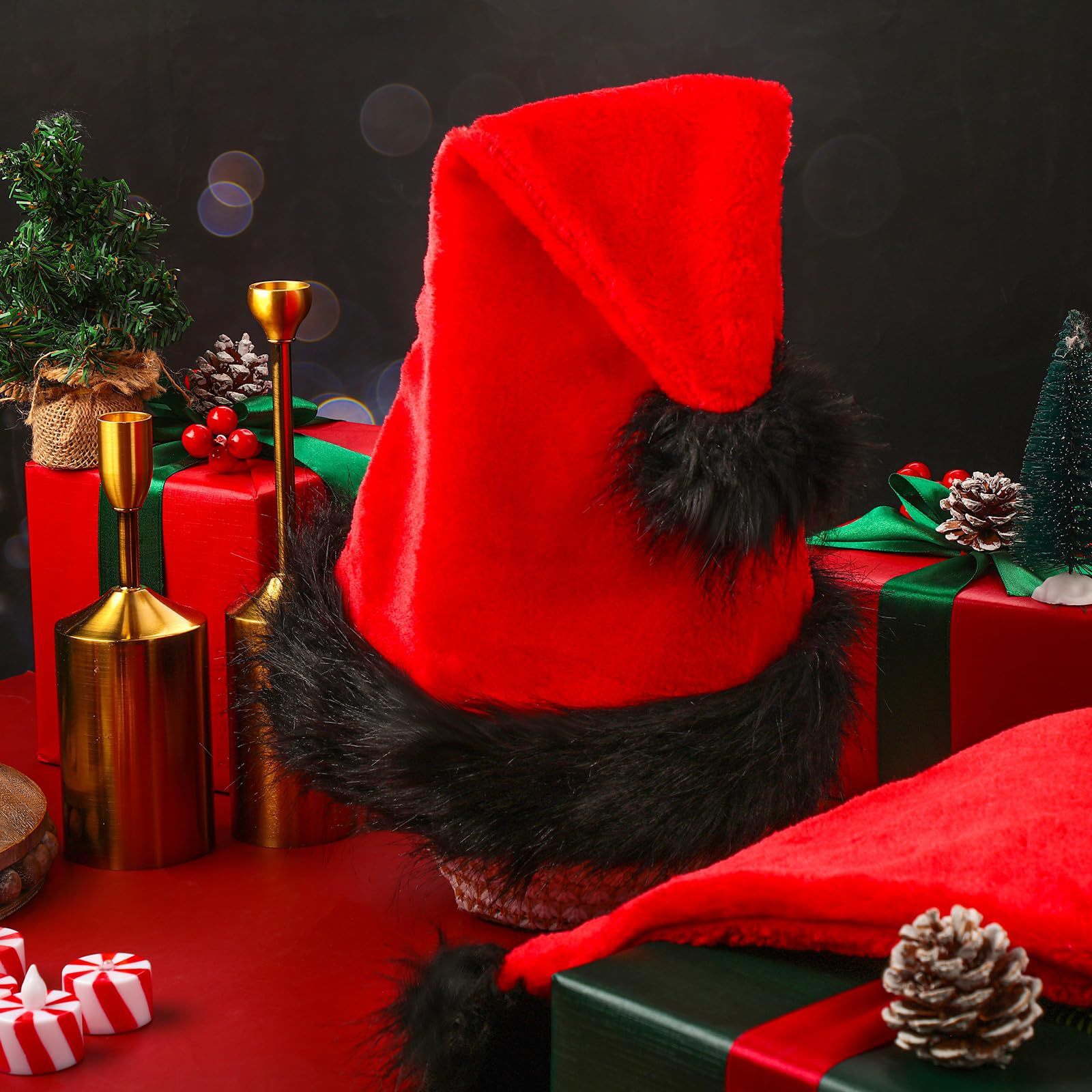 HKM-689363 Red and Black Plush Christmas Hat for Festive Dress-Up (32 x 45CM)