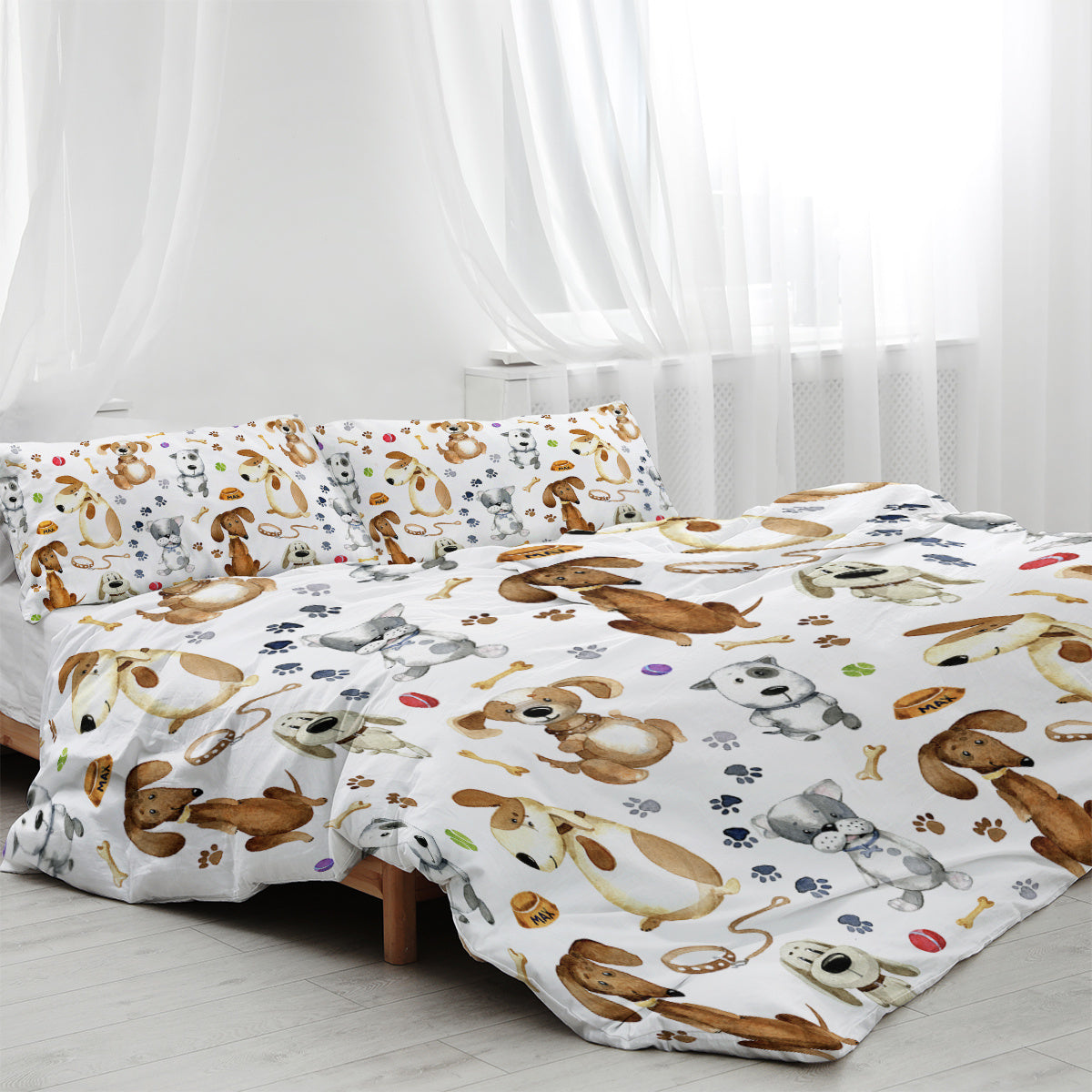 HKM-689555 Kids' Pastel Animal Duvet Cover Set with Dog Paws Pattern - 3 Pieces, Soft Microfiber, Machine Washable