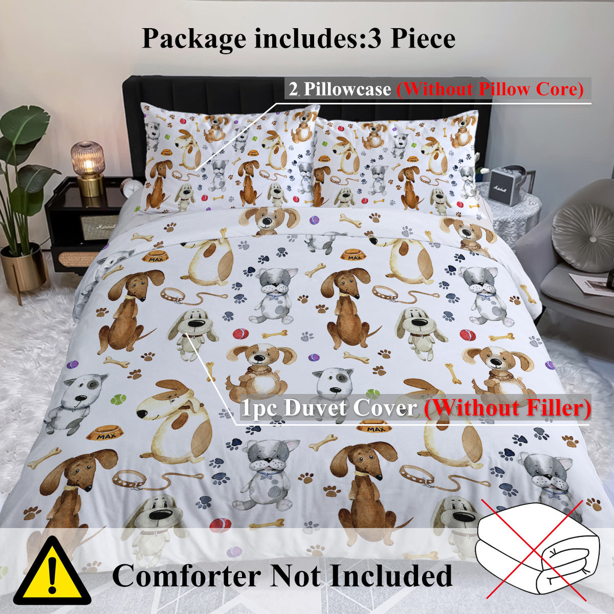 HKM-689555 Kids' Pastel Animal Duvet Cover Set with Dog Paws Pattern - 3 Pieces, Soft Microfiber, Machine Washable