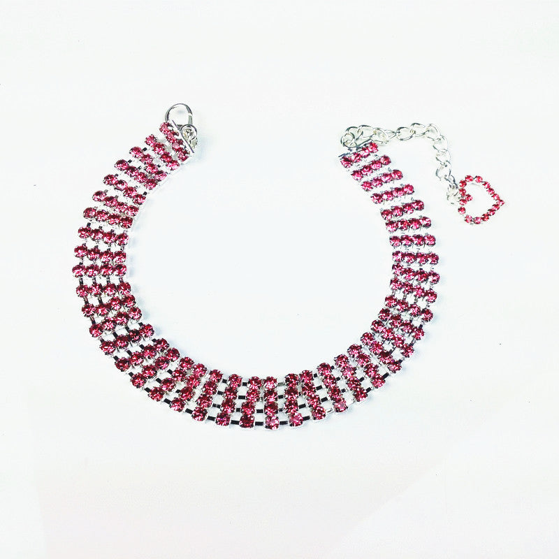 HKM-689747 Four-Row Rhinestone Pet Collar with Heart-Shaped Chain for Dogs and Cats