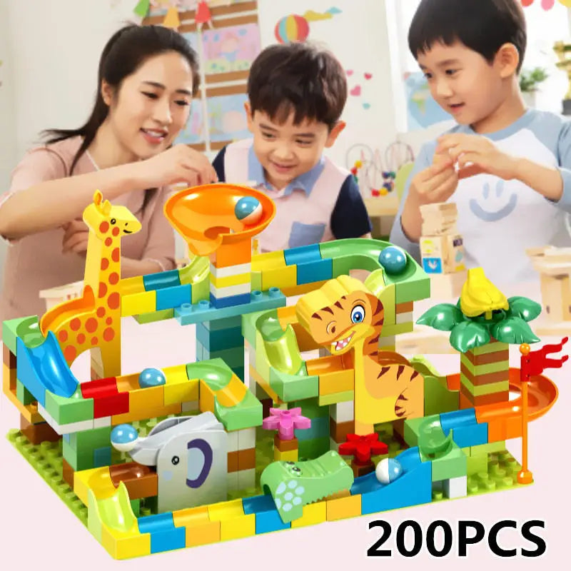 KTX-690067 Big Size Marble Race Run Building Blocks Set - 140pcs Maze Track with Plastic Funnels for Creative DIY Play