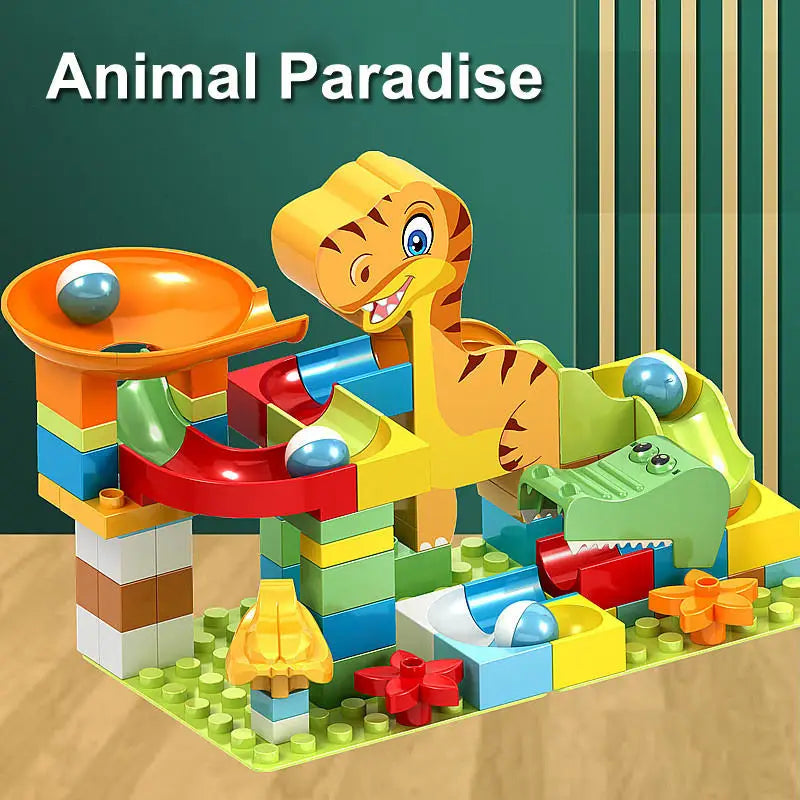 KTX-690067 Big Size Marble Race Run Building Blocks Set - 140pcs Maze Track with Plastic Funnels for Creative DIY Play