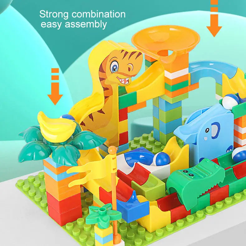 KTX-690067 Big Size Marble Race Run Building Blocks Set - 140pcs Maze Track with Plastic Funnels for Creative DIY Play