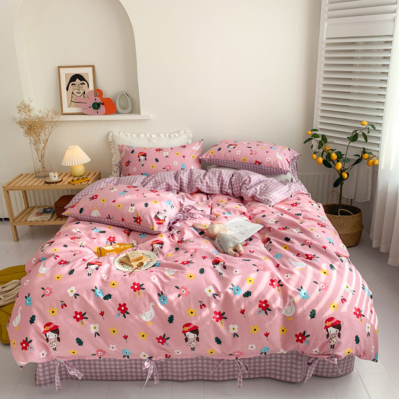 HKM-690067 Small Floral Cotton Bedding Set - Four-Piece Pastoral Style for Twin, Full, or King Beds