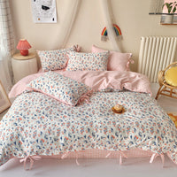 HKM-690067 Small Floral Cotton Bedding Set - Four-Piece Pastoral Style for Twin, Full, or King Beds