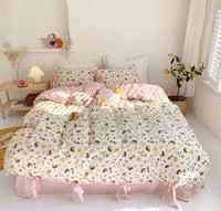 HKM-690067 Small Floral Cotton Bedding Set - Four-Piece Pastoral Style for Twin, Full, or King Beds