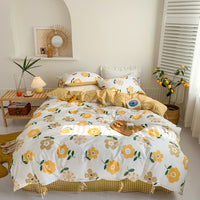 HKM-690067 Small Floral Cotton Bedding Set - Four-Piece Pastoral Style for Twin, Full, or King Beds