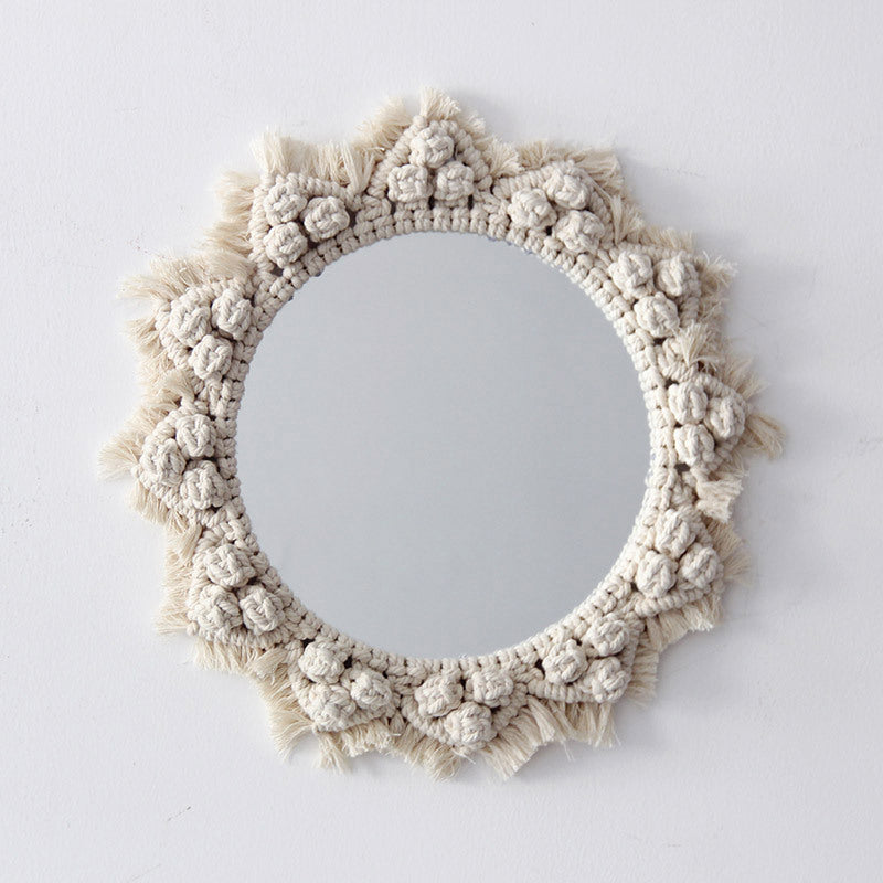 HKM-692371 Handmade Sunflower Heart Mirror Tapestry in Natural Cotton - Decorative, Functional, and Stylish Home Accessory
