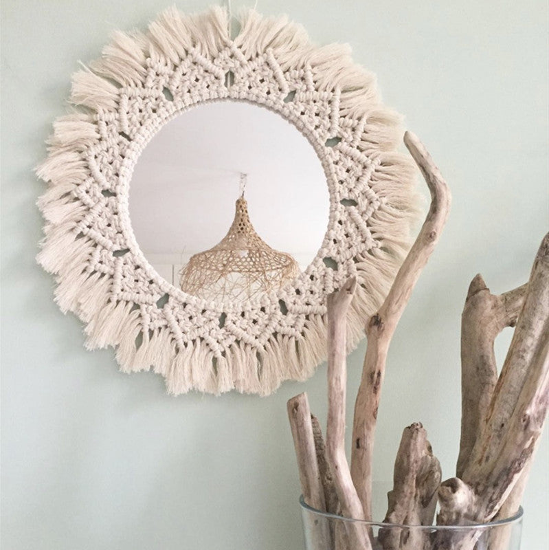 HKM-692371 Handmade Sunflower Heart Mirror Tapestry in Natural Cotton - Decorative, Functional, and Stylish Home Accessory