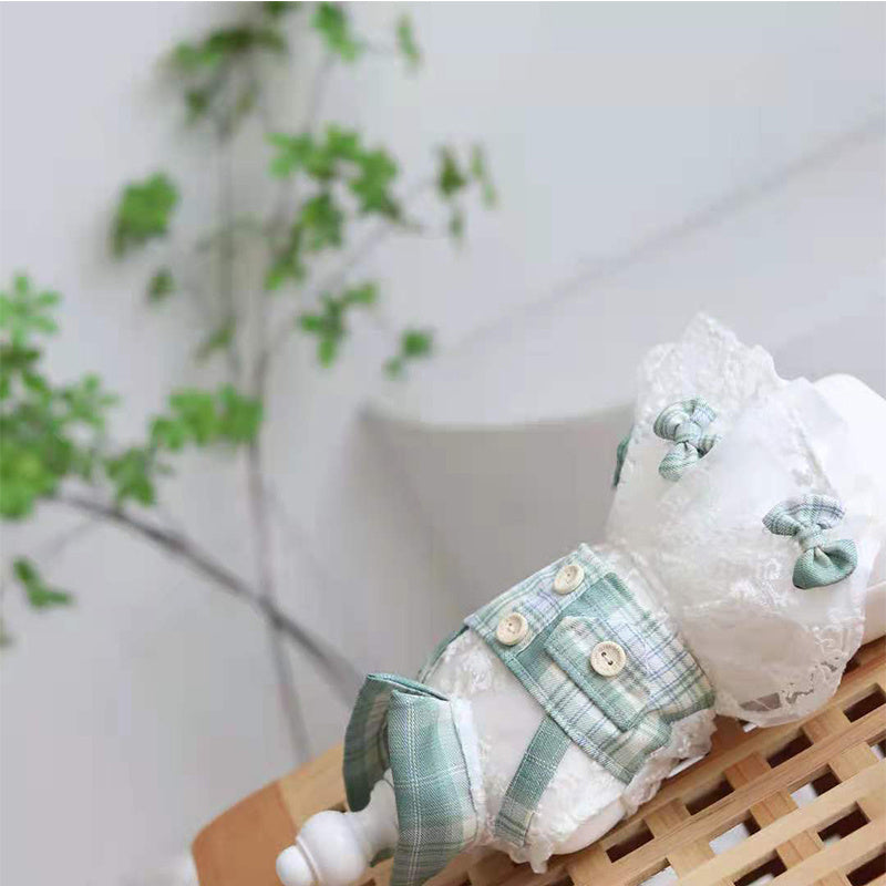 HKM-692947 Mint Green Small Plaid Two-Piece Dress for Dogs