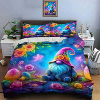HKM-693843 Cartoon Anime Mushroom House Three-Piece Bedding Set with Bed Sheet and Two Pillowcases