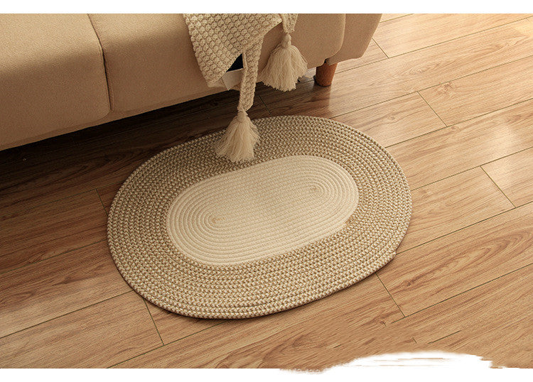 HKM-693907 Cotton Thread Oval Carpet Mat for Living Room, Bedroom, and Porch - Jute and Beige, 65x45cm