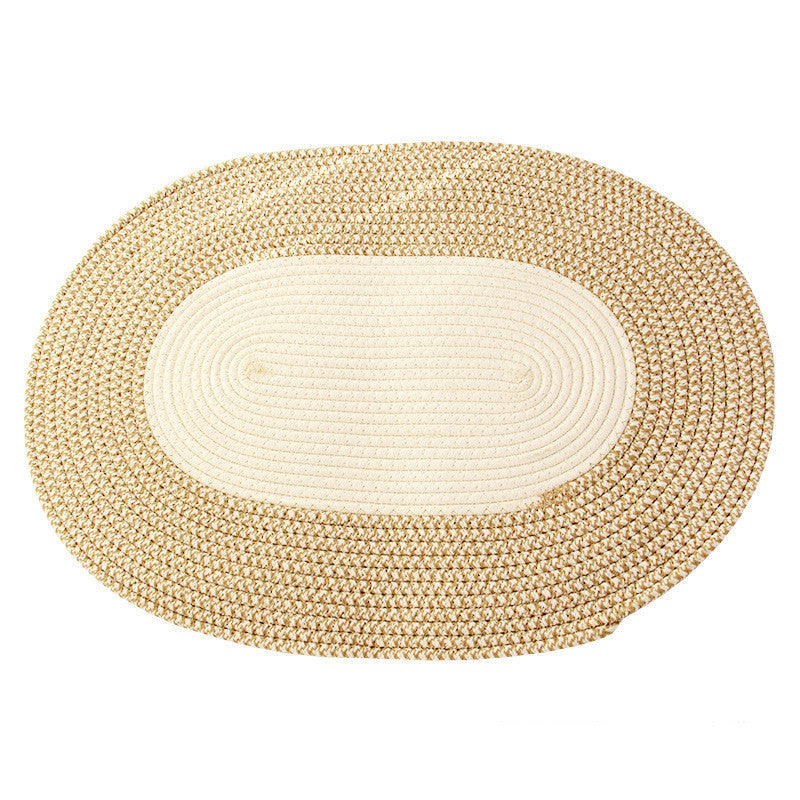 HKM-693907 Cotton Thread Oval Carpet Mat for Living Room, Bedroom, and Porch - Jute and Beige, 65x45cm