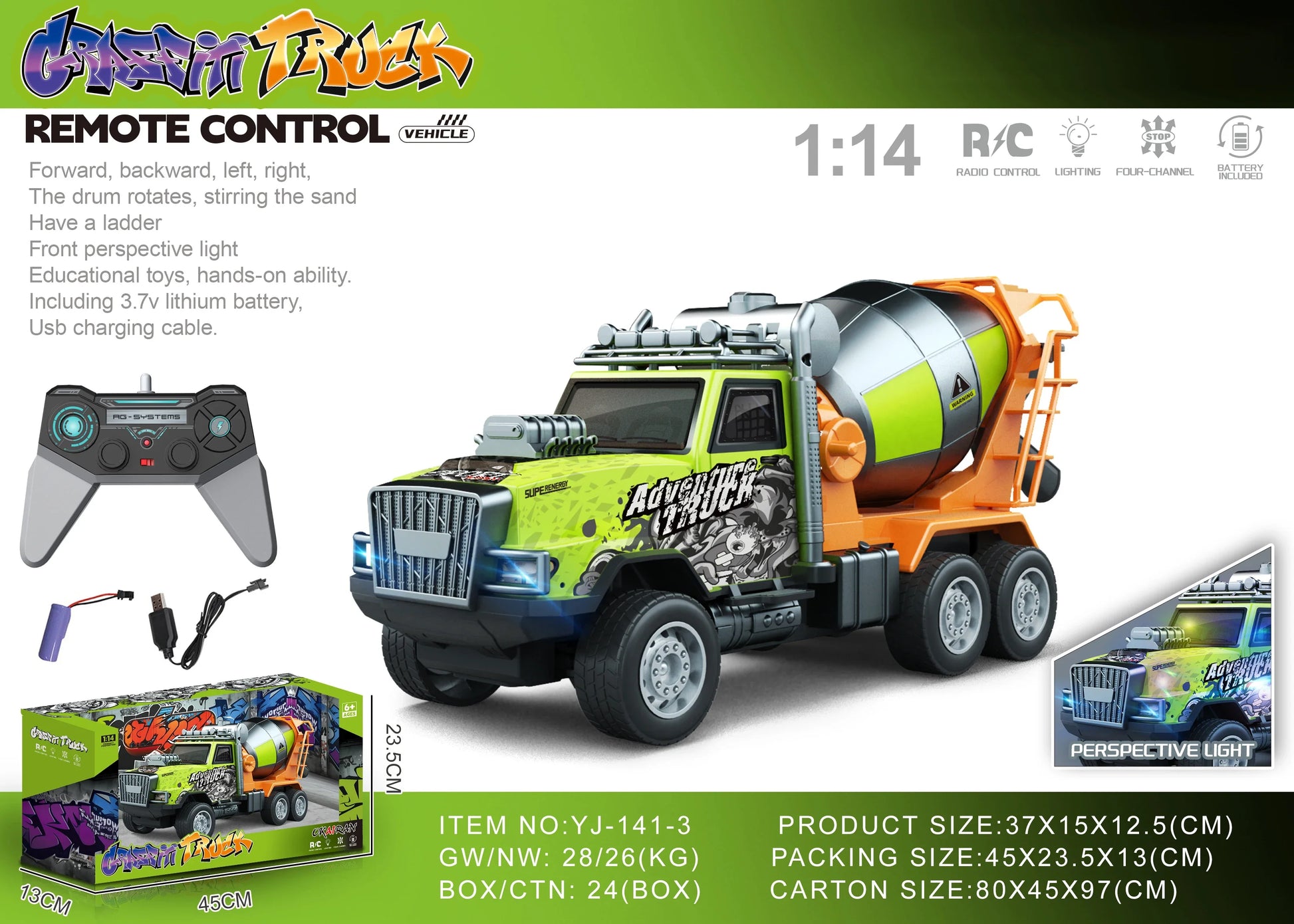 HKM-694099 1/14 Remote Control Dump Truck with Sound and Light - Electric Engineering Vehicle Toy for Kids