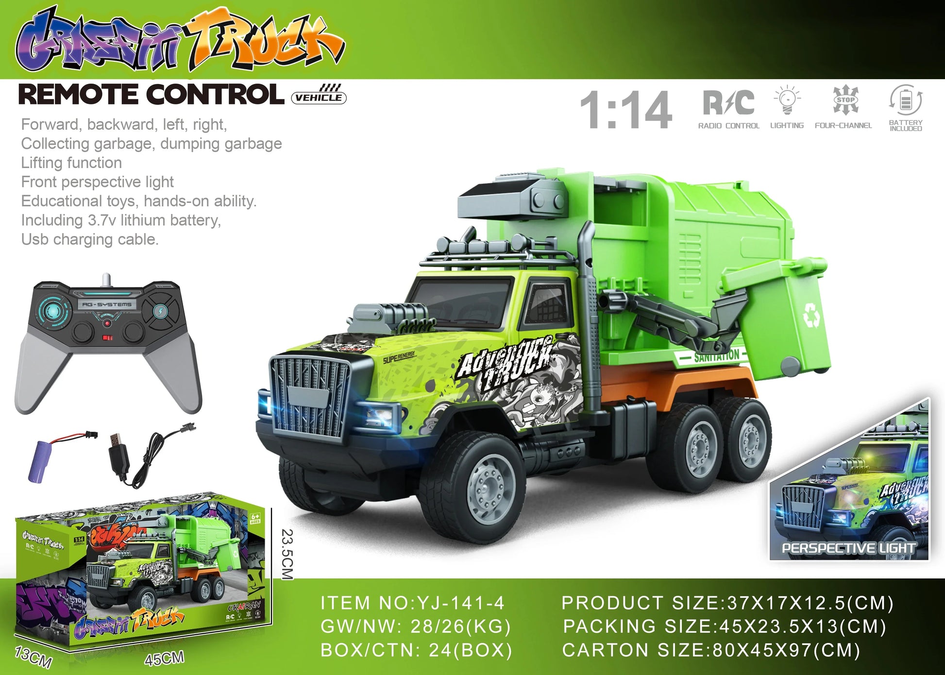 HKM-694099 1/14 Remote Control Dump Truck with Sound and Light - Electric Engineering Vehicle Toy for Kids