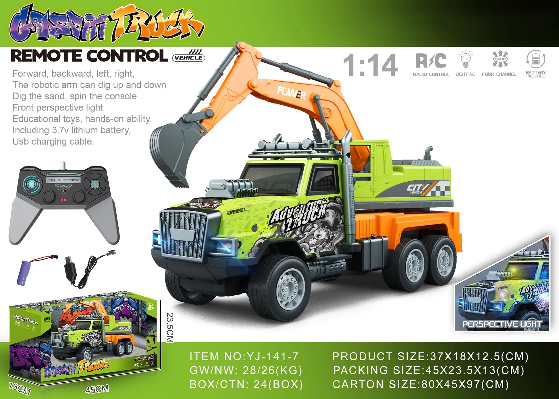 HKM-694099 1/14 Remote Control Dump Truck with Sound and Light - Electric Engineering Vehicle Toy for Kids