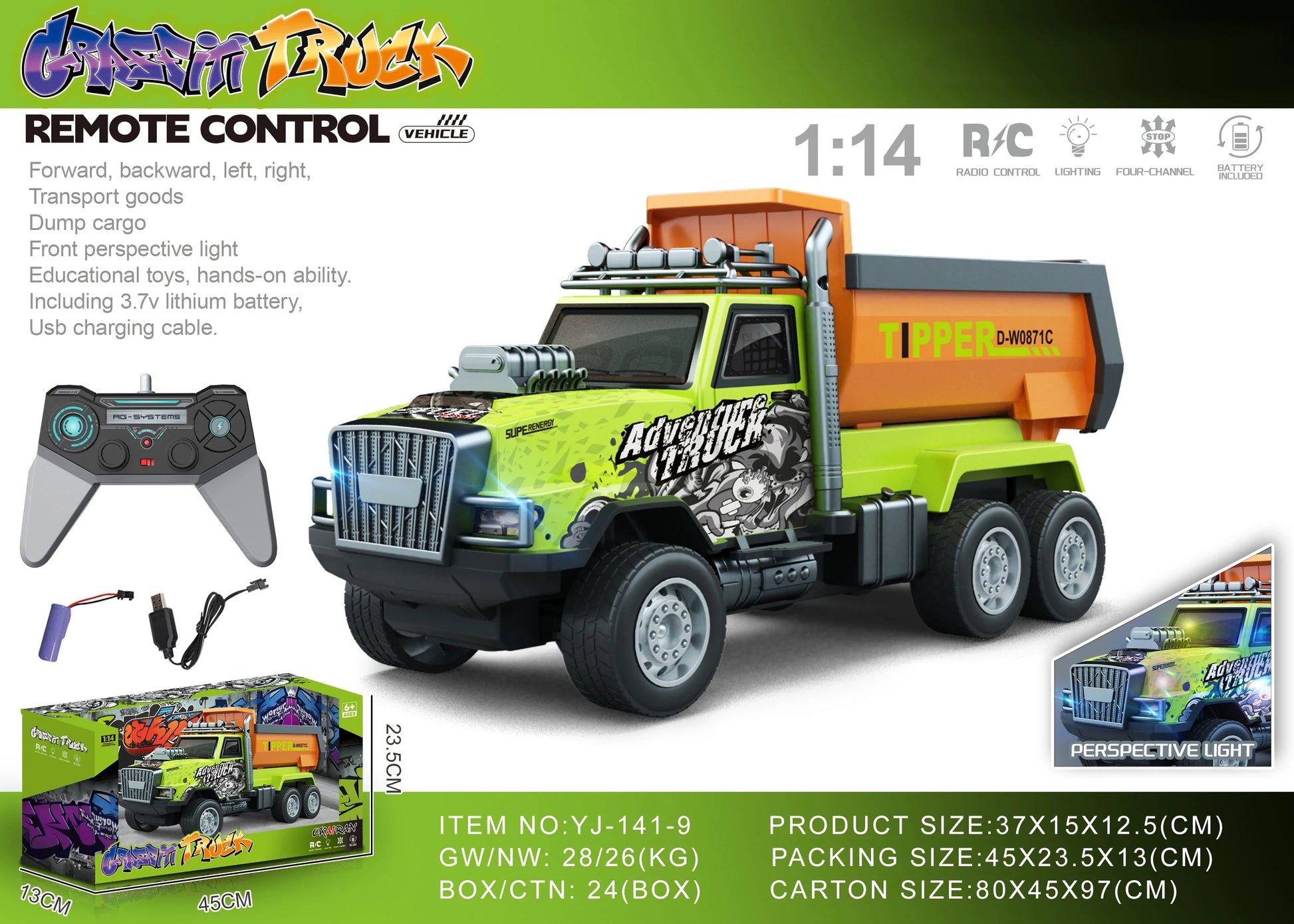HKM-694099 1/14 Remote Control Dump Truck with Sound and Light - Electric Engineering Vehicle Toy for Kids