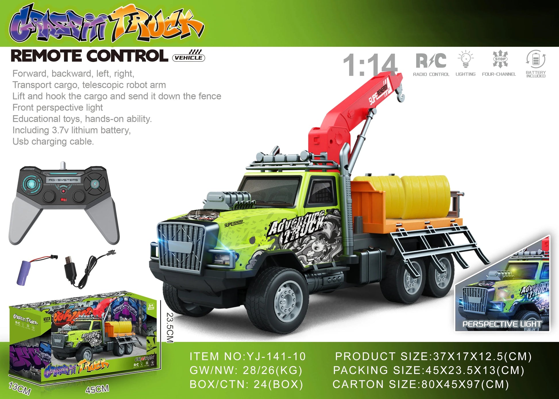 HKM-694099 1/14 Remote Control Dump Truck with Sound and Light - Electric Engineering Vehicle Toy for Kids
