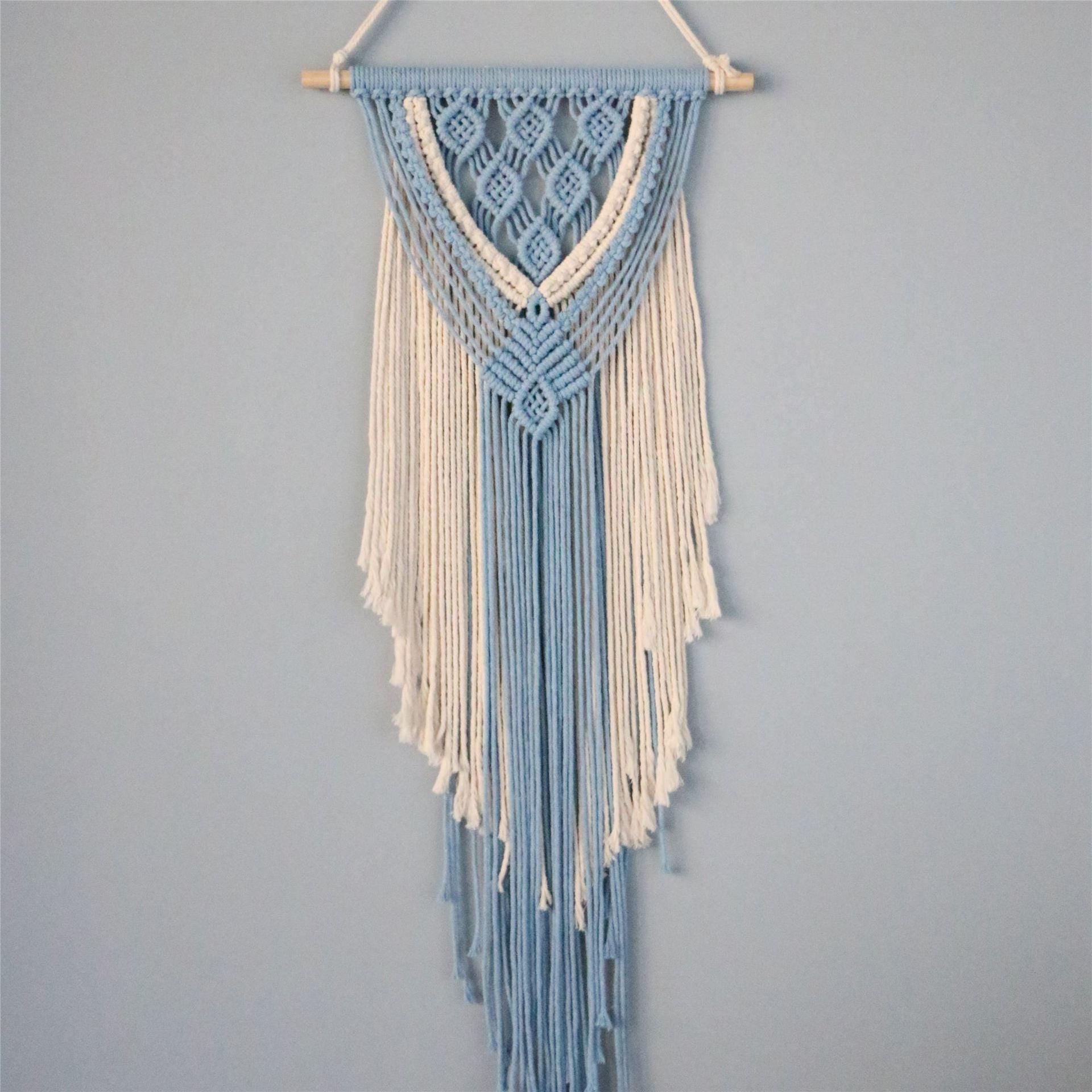 HKM-694611 Hand-Woven Cotton Rope Tapestry with Tassel Ornaments - Modern Blue and White Wall Decoration (38x114CM)