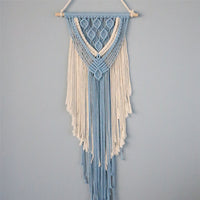 HKM-694611 Hand-Woven Cotton Rope Tapestry with Tassel Ornaments - Modern Blue and White Wall Decoration (38x114CM)