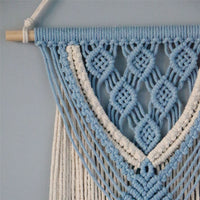 HKM-694611 Hand-Woven Cotton Rope Tapestry with Tassel Ornaments - Modern Blue and White Wall Decoration (38x114CM)